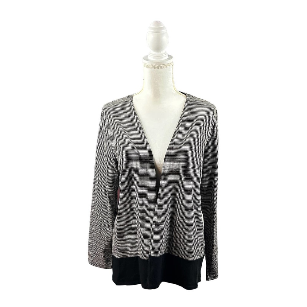 J Jill Wearever Collection Womens Size M Black White Stripe Open Front Cardigan